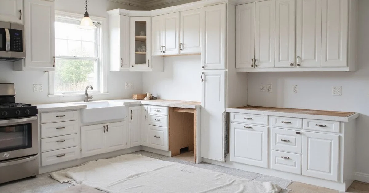 Cabinet doors staged on sawhorses with TSP, sanding sponges, and primer cans for prep