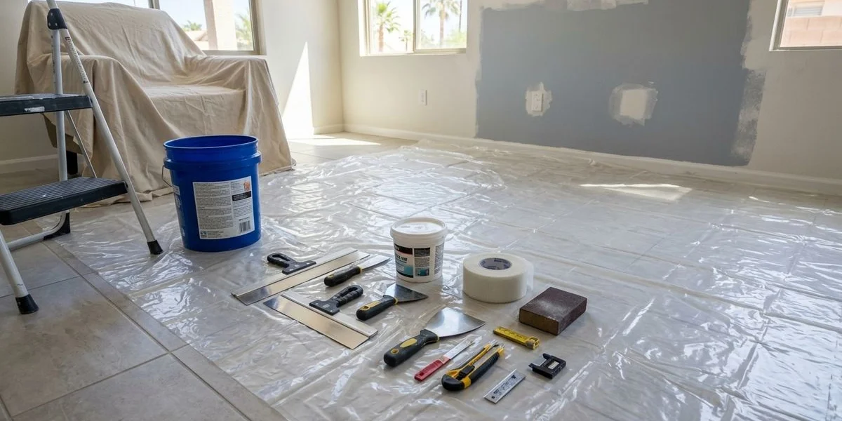 Drywall repair toolkit staged in a Phoenix home before patching begins