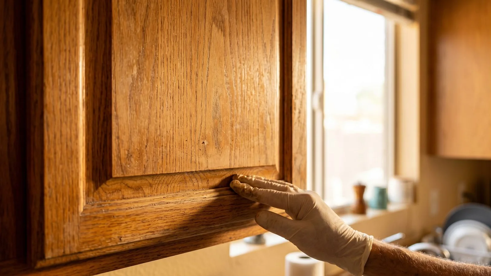 Oak cabinet door showing grain texture before prep