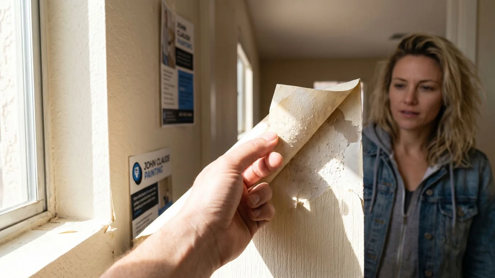 Homeowner testing wallpaper adhesion before painting