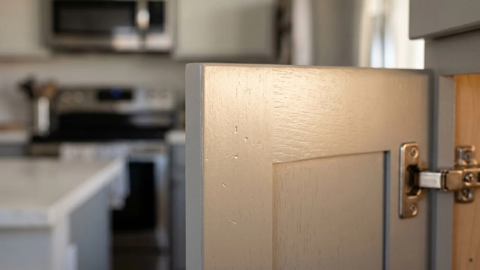 Painted cabinet edge after years of use, still holding