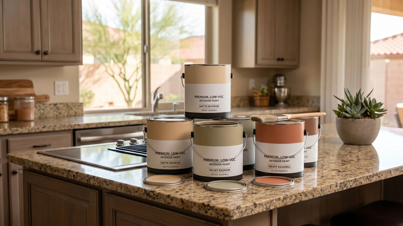 Premium interior paint cans on Phoenix kitchen island