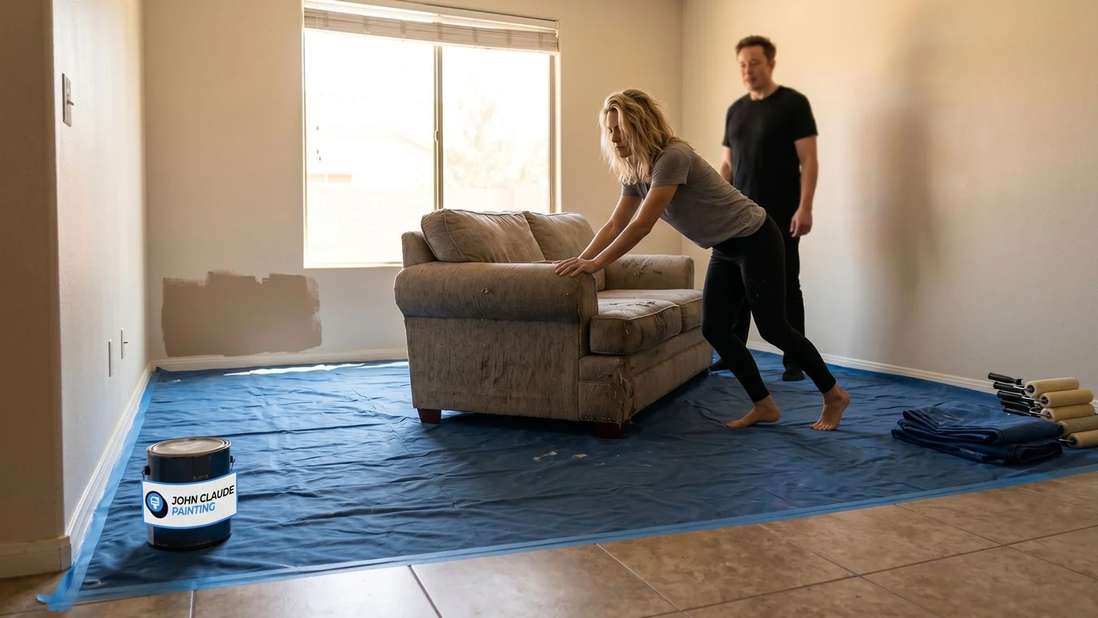 Homeowner prepping living room before painters arrive