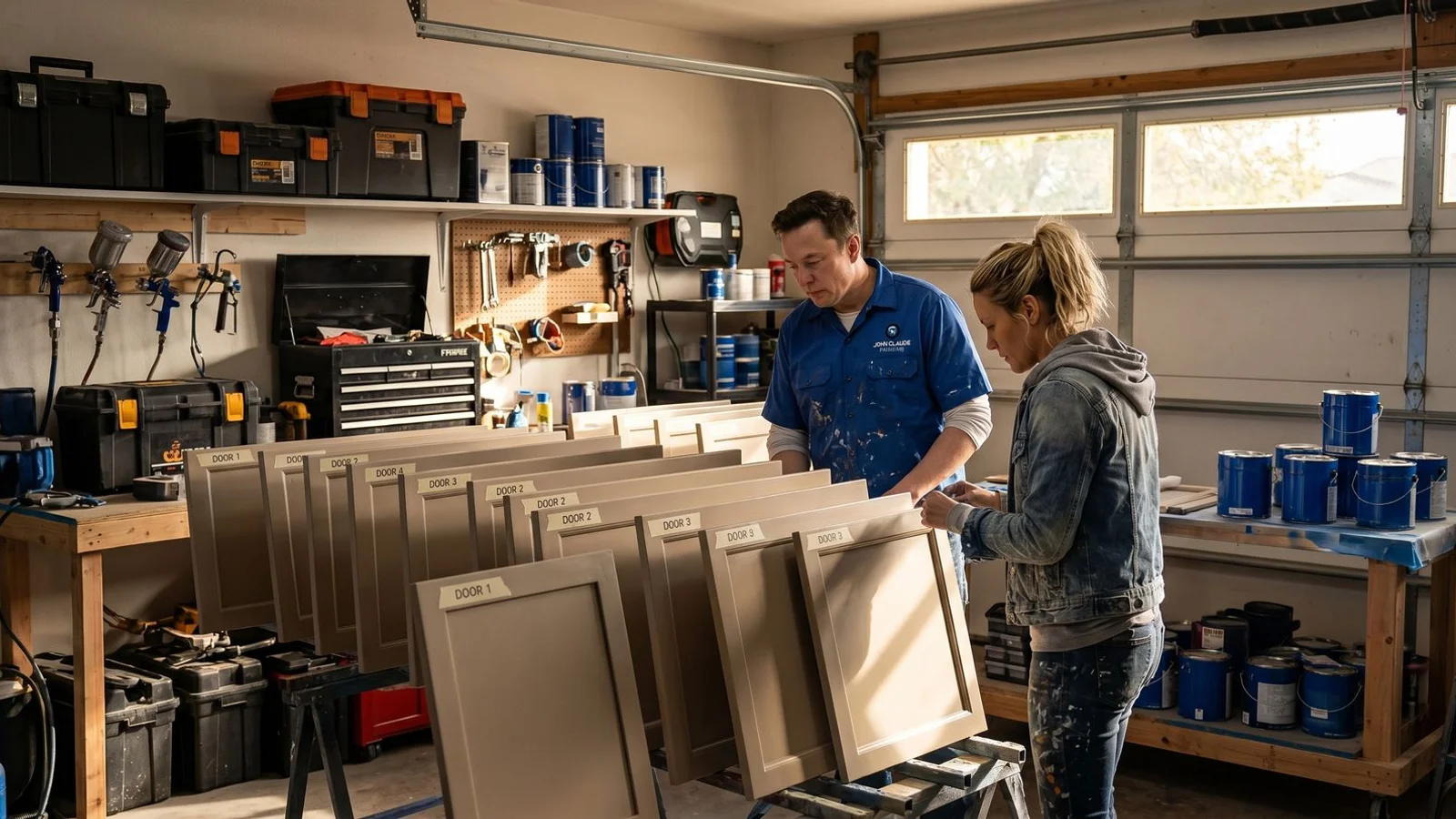 Labeled cabinet doors in shop spray setup