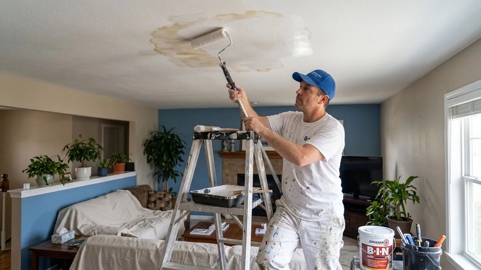Shellac primer sealing water-stained ceiling patch