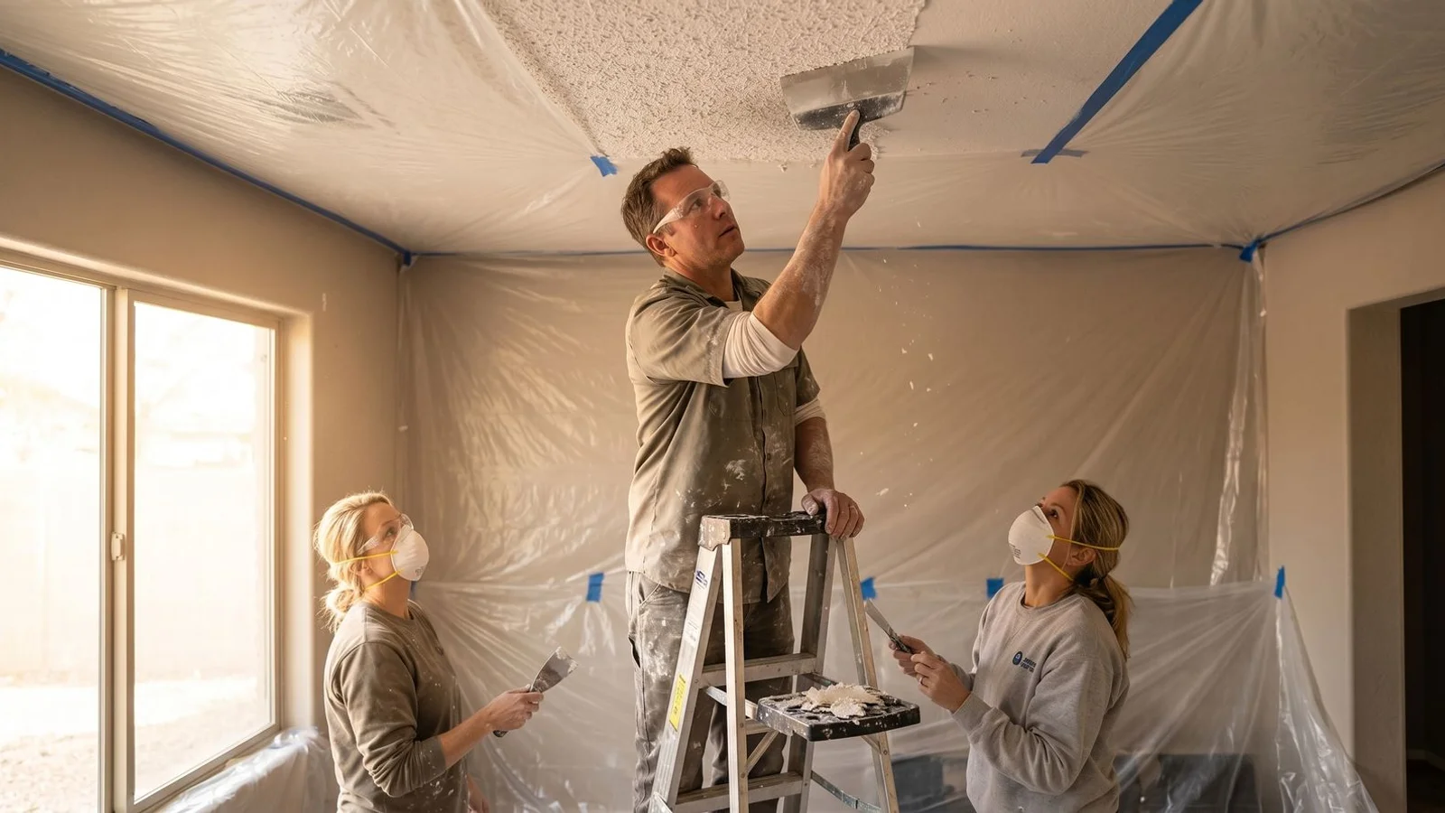 Painter scraping popcorn ceiling with plastic containment