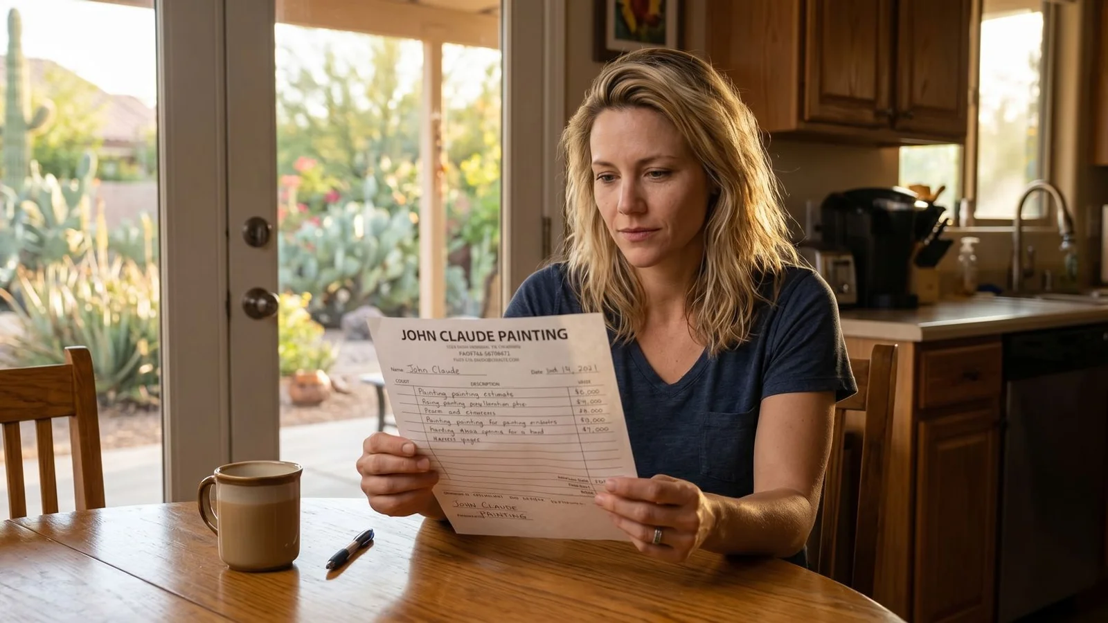 Skeptical Phoenix homeowner reading a suspicious painting estimate