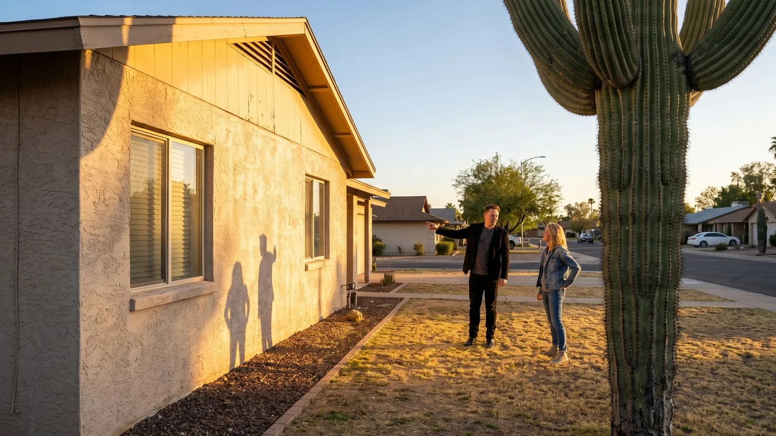 Phoenix stucco home with visible UV fading at golden hour